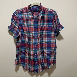 Polo Ralph Lauren Plaid Ruffle Edge Top Short Sleeve Blouse Classic Polo